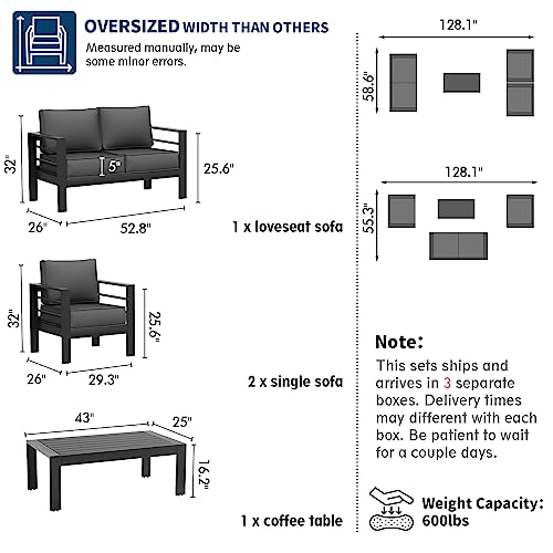 UDPATIO 8 Piece Aluminum Patio Furniture Set, Oversized Modern Outdoor Furniture Set with Olefin Fabric Cushion for Patio Deck Backyard, Dark Grey(with Waterproof Covers)