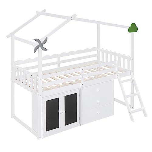 CITYLIGHT Twin Size House Loft Bed with Storage Cabinet and 3 Drawers, Wood Loft Bed Twin with Roof, Blackboards and Guardrail, Kids Playhouse Bed Twin for Teens, Boys, Girls, Grey