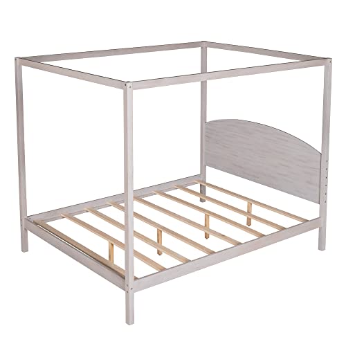 Full Size Canopy Platform Bed, Modern 4-Poster Panel Beds Frame, with Headboard and Support Legs, Noise Free/No Box Spring Needed, Grey Wash,bed frame(Brown,Full)