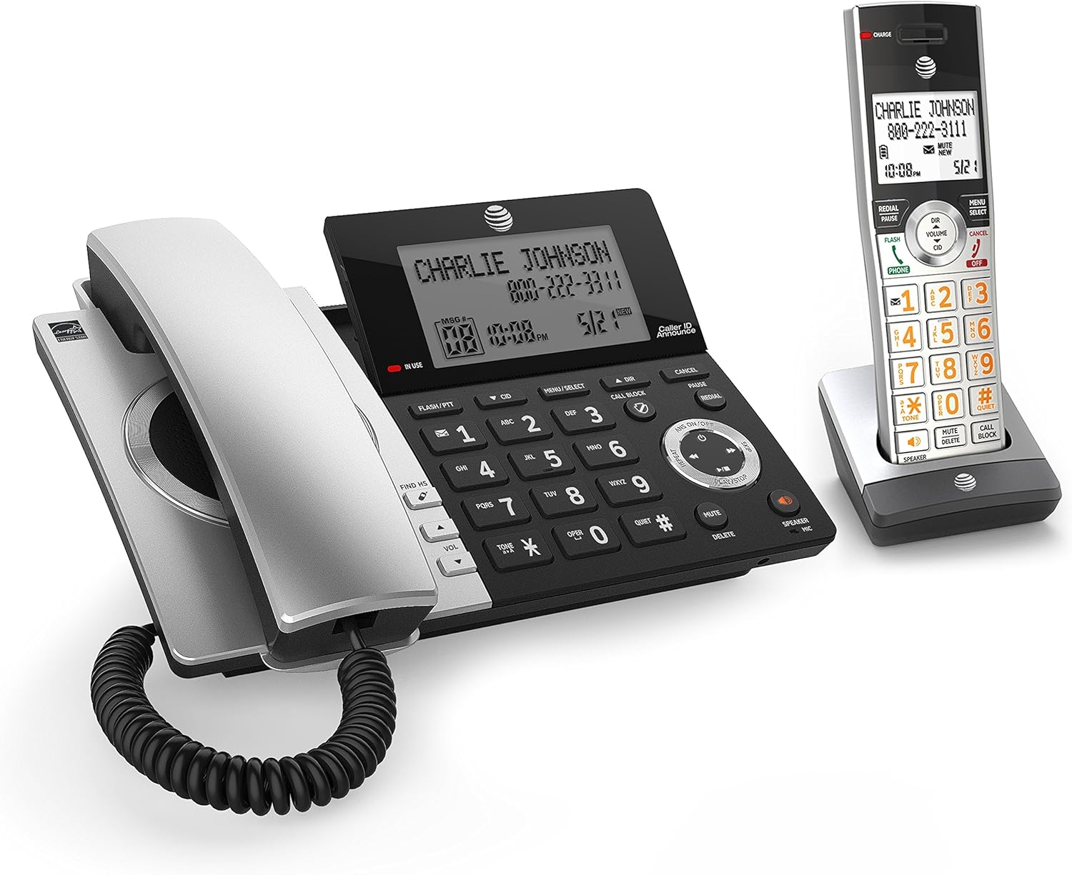 AT&T CL84107 DECT 6.0 Expandable Corded/Cordless Phone with Smart Call Blocker, Black/Silver with 1 Handset
