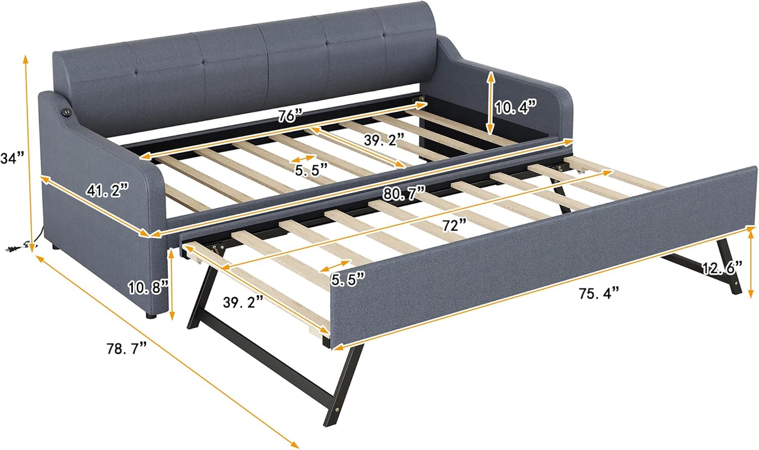MERITLINE Upholstery Daybed with Trundle and USB Charging, Twin to King Extendable Sofa Bed Frame, Daybed with Trundle Bed can be Flat or Erected, 2 Twin Beds for Bedroom Living Room (Grey)