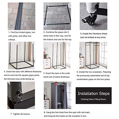Portable Fitting Room for Boutiques - Movable Dressing Room with Shading Curtain, Vientiane Wheel and Hook Up - Temporary Privacy Screen for Changing Rooms and Offices - 78.7x39.4x39.4 in