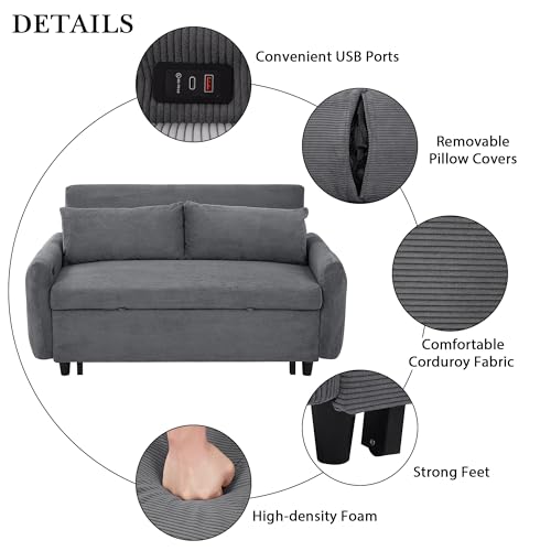 Merax Pull-Out Sofa Bed with Adjustable Backrest and Comfy Throw Pillows, 2 Seat Loveseat & USB Ports, 3 in 1 Convertible Couch Sleeper for Living Room, Apartment, Office, Small Spaces, Light Blue