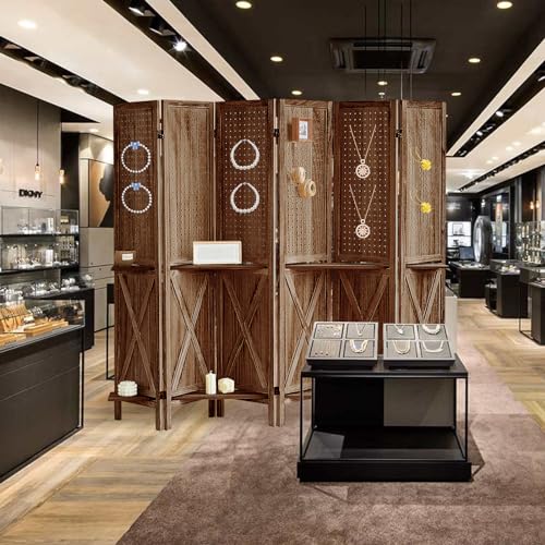 4 Panel Pegboard Display with 16 Hooks, Wooden Pegboard Room Divider Wall with Shelf, Rustic Room Dividers and Folding Privacy Screens, Bedroom, Jewelry Store, Brown