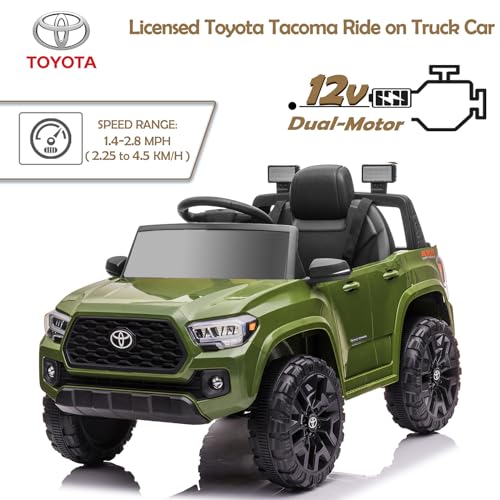 12V Kids Ride on Truck, Licensed Toyota Tacoma Battery Powered Motorized Electric Vehicle Car for Kids, with Remote Control, 3 Speeds, MP3, Horn, LED Lights, Suspension System, Black