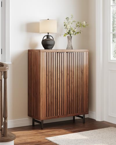 LITTLE TREE 6-Tier Shoe Cabinet with Doors for Up to 24 Pairs, Large Wooden Shoe Storage Cabinet with Adjustable Shelves, Retro Freestanding Shoe Organizer Cabinet for Entryway, Hallway, Dark Walnut