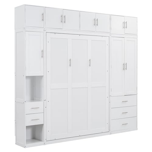 Harper & Bright Designs Full Size Murphy Bed Wall Bed with Lockers and Wardrobes, Wooden Folding Murphy Cube Cabinet Bed for Bedroom, Guest Room or Home Office, Easy Assembly (White, Full)