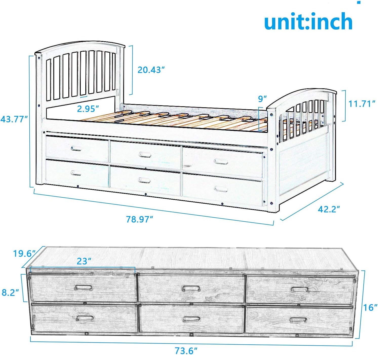 Twin Size Platform Storage Bed Solid Wood Bed with 6 Drawers, Gray