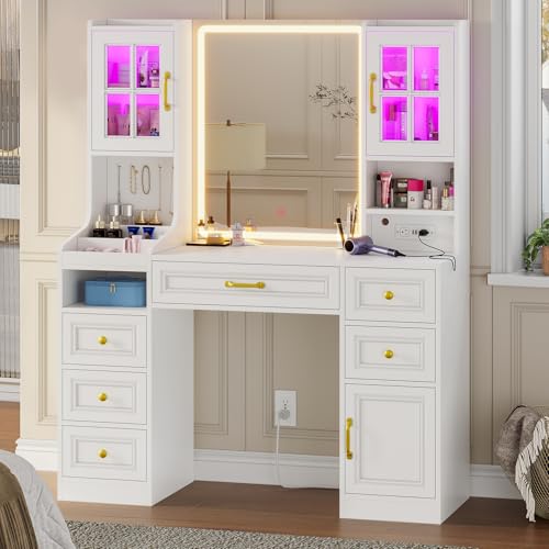 White Vanity Desk with Touch Screen Mirror and Lights, Large Makeup Vanity with RGB Light Cabinets & Charging Station, 6 Drawers, 5 Jewelry Hooks, Vanity Table with Lighted Mirror
