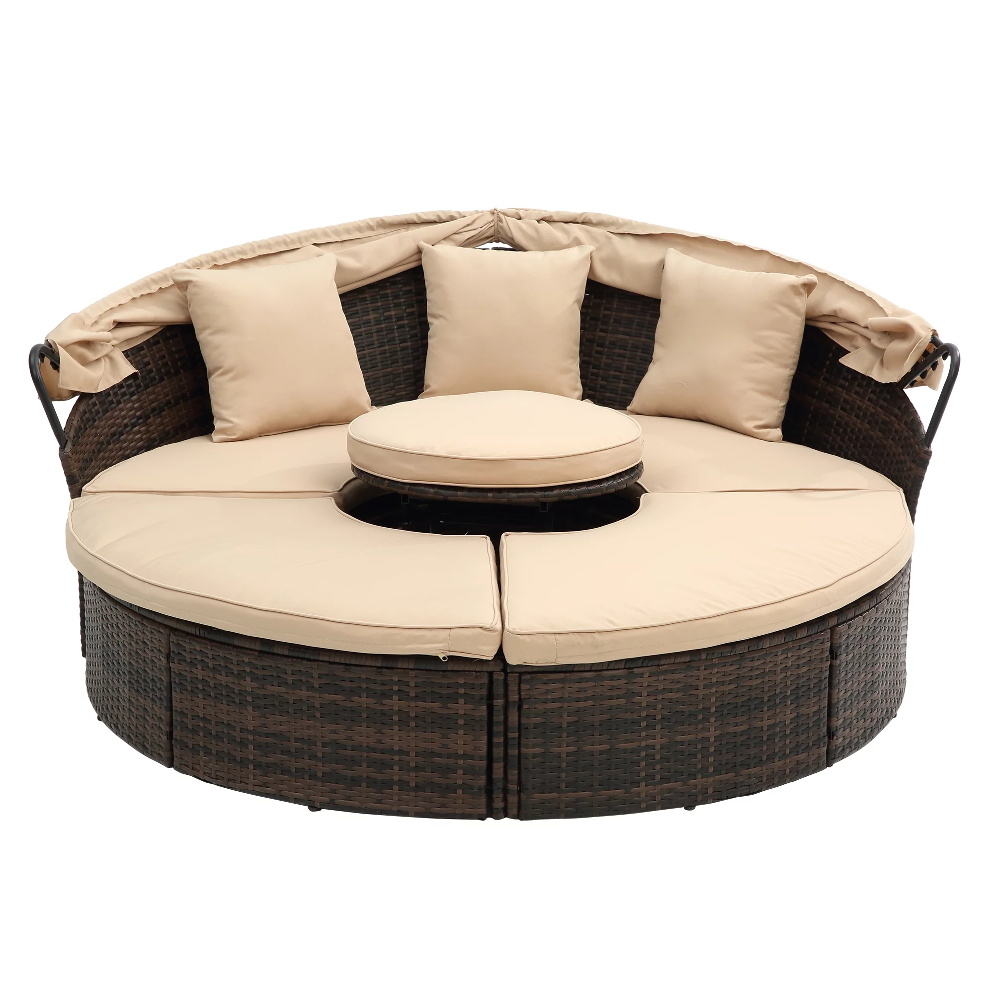 SZLIZCCC Outdoor Patio Daybed with Retractable Canopy, Rattan KD Wicker Daybed Outdoor with Lift Coffee Table, Round Patio Furniture Patio Bed for Lawn Garden Backyard Porch Pool