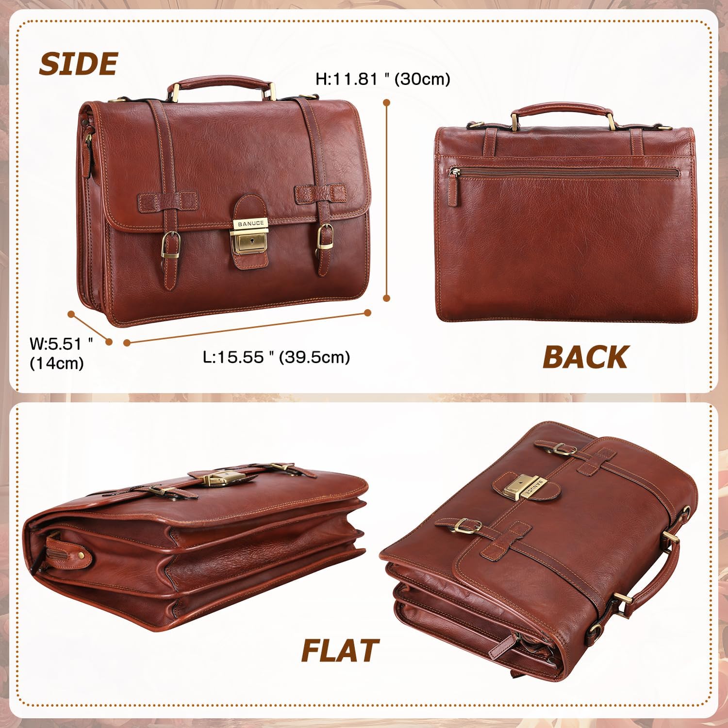 Banuce Vintage Genuine Full Grain Italian Leather Briefcase for Men with Lock 14 Inch Laptop Bag Professional Business Work Bag Attache Case with Luggage Strap Brown