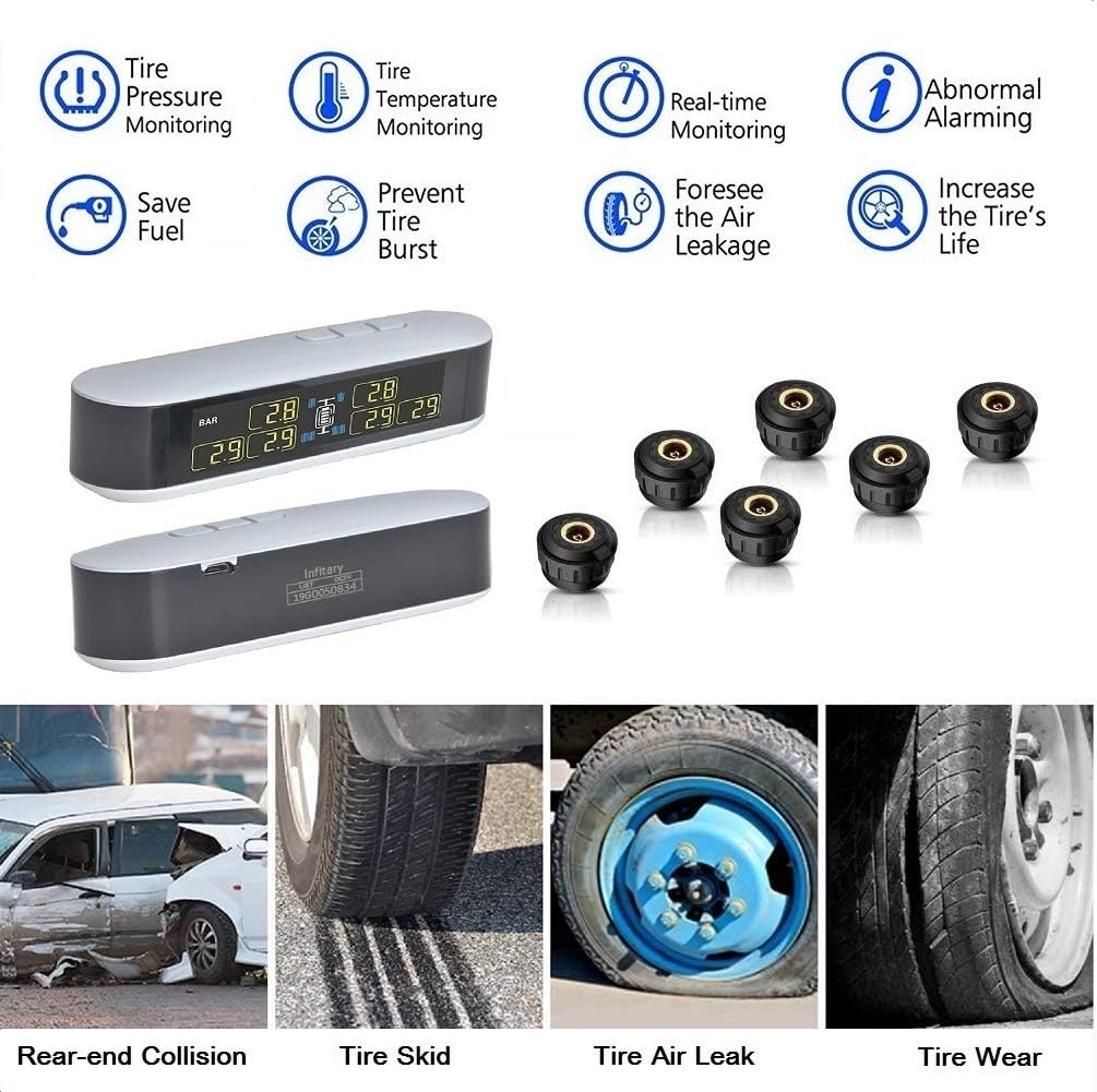 INFITARY RV TPMS Tire Pressure Monitoring System Truck Trailer Real Time Monitor Tire Pressure Temperature Air Leakage Battery Auto Alarm 6 Anti-Theft External Cap Sensor for 4-6 Tires' Car Pickup Tow