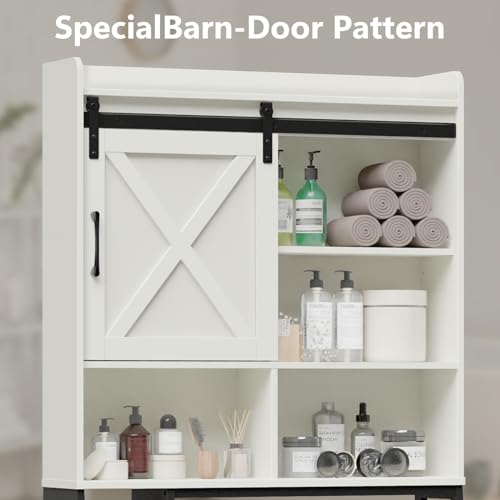 Over The Toilet Storage Cabinet, Farmhouse Storage Cabinet Over Toilet with Sliding Door && Toilet Paper Holder Stand, Home Space-Saving Toilet Rack, for Bathroom Restroom Laundry