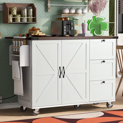 Kitchen Island with Storage, Rolling Kitchen Island Cart On Wheels with Power Outlet & Drop Leaf Countertop, Mobile Island Table for Kitchen with 2 Drawers 2 Cabinet, Spice Rack, Towel Rack, Black