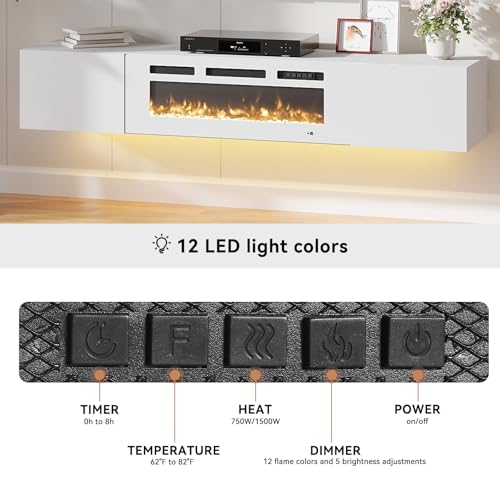 Aoxun Floating Fireplace TV Stand,70" TV Cabinet,Wall Mounted Entertainment Center with 36" Electric Fireplace,Modern LED Lights Media Console for TVs Up to 80" (Black TV Stand-White Fireplace)