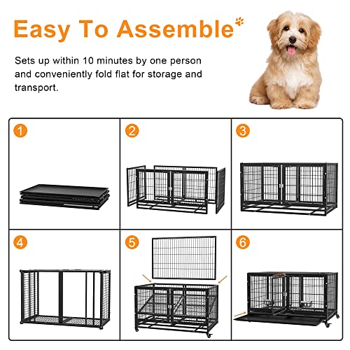 54/48/42/38 inch Heavy Duty Indestructible and Escape-Proof Dog Crate Cage Kennel for Large Dogs, High Anxiety Dog Crate with Removable Wire Trays and Wheels, Extra Large XL XXL