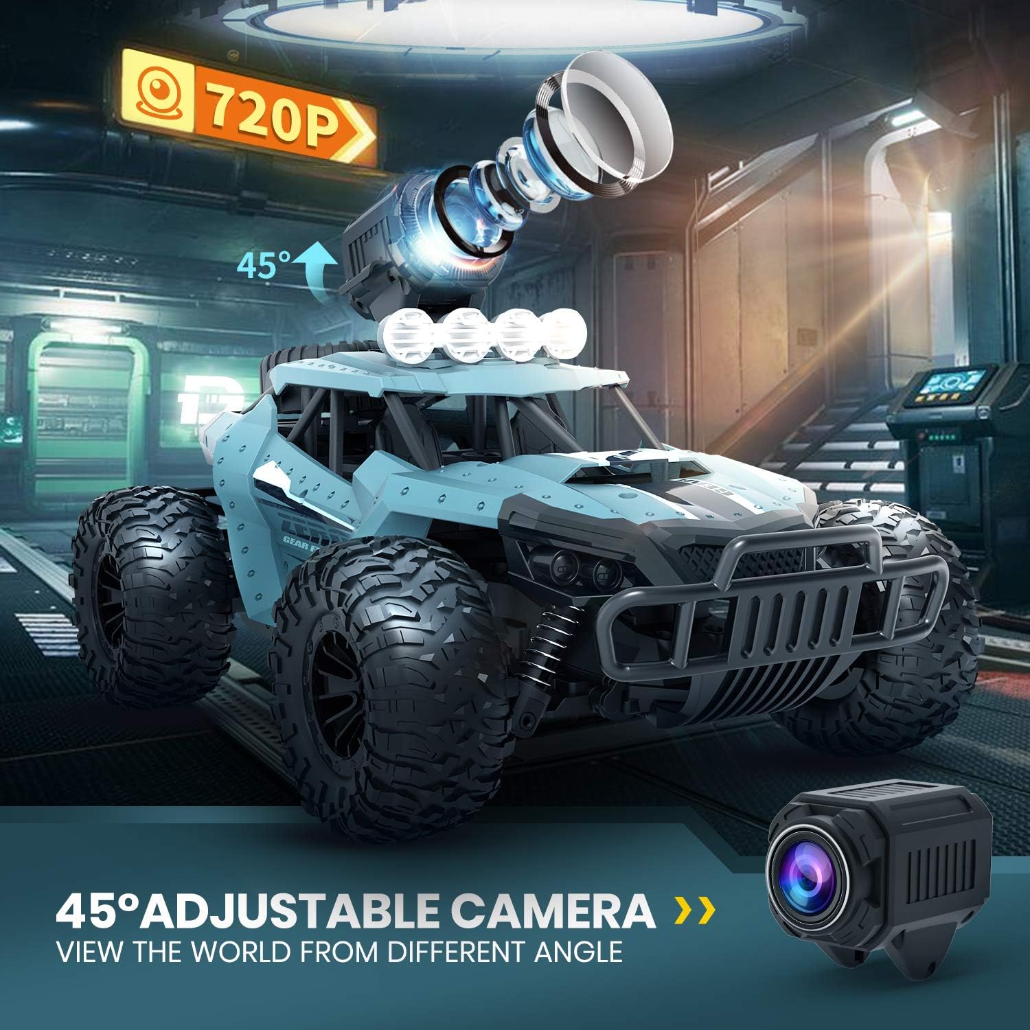 DEERC RC Cars DE36W Remote Control Car with 720P HD FPV Camera, 1/16 Scale Off-Road Remote Control Truck, High Speed Monster Trucks for Kids Adults 2 Batteries for 60 Min Play, Gift for Boys and Girls