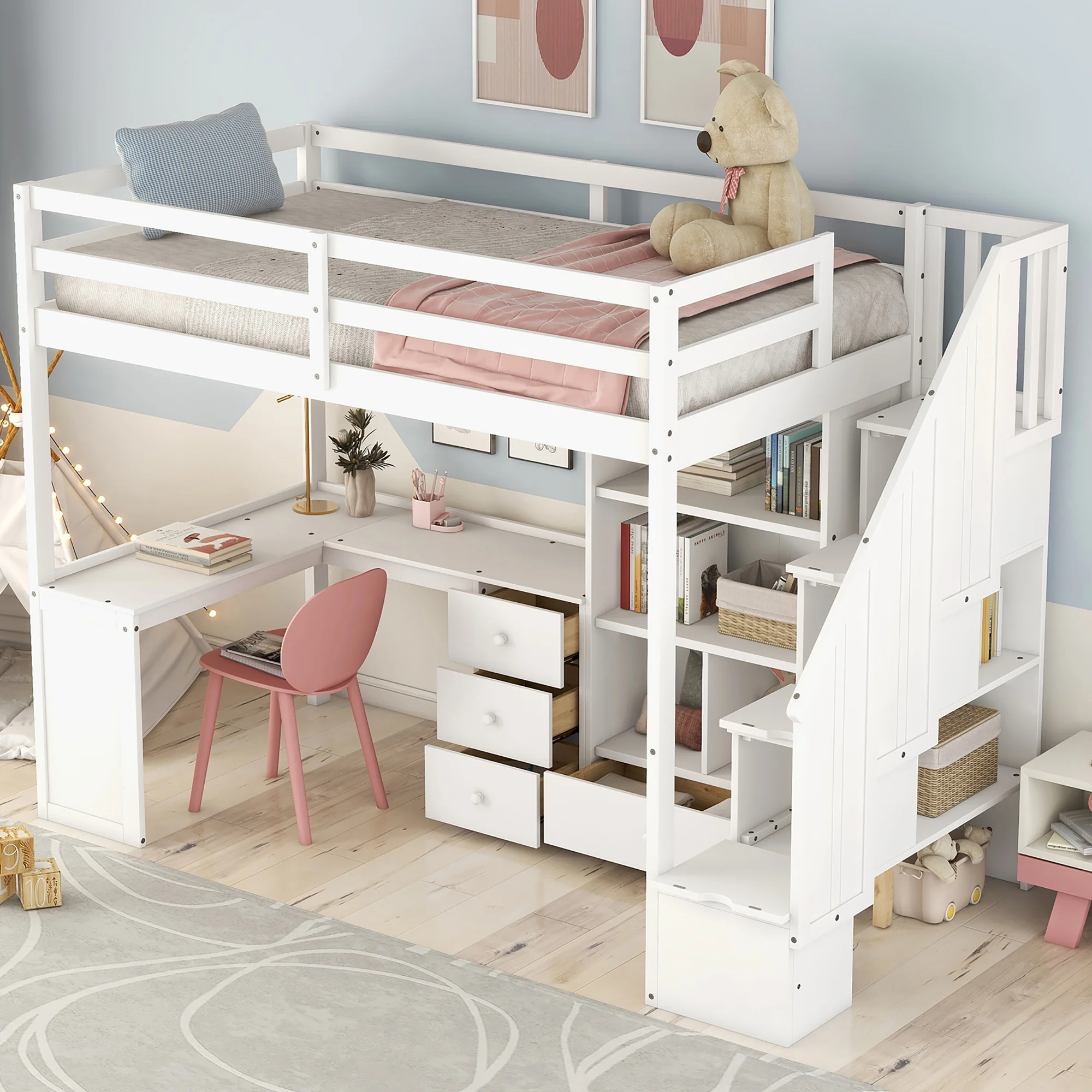 Twin Wood Loft Bed with L-Shaped Desk and Drawers, Cabinet and Storage Staircase, Loft Twin Bed with Desk for Teenagers, Multiple Functions Bed, Easy to Assemble (White)