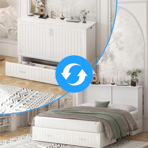 Queen Murphy Bed, Murphy Cabinet Bed with Tri-fold Mattress & USB Charging Station, Murphy Chest Bed with 2 Storage Drawer, Multi-functional Murphy Bed Cube Cabinet for Guest Room