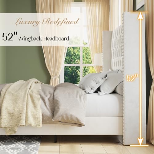 Jocisland King Upholstered Bed Frame with Tall Headboard Wingback Platform Bed Tufted Deep Button Velvet/No Box Spring Needed/Easy Assembly/Light Grey