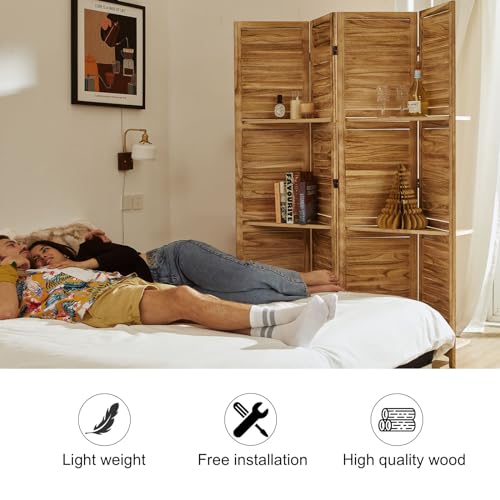 Room Divider with Shelves, 5.6 Ft Tall Folding Wood Screen with Double Hinges for Home Office Bedroom Hotel Decoration (6 Panels, Brown)