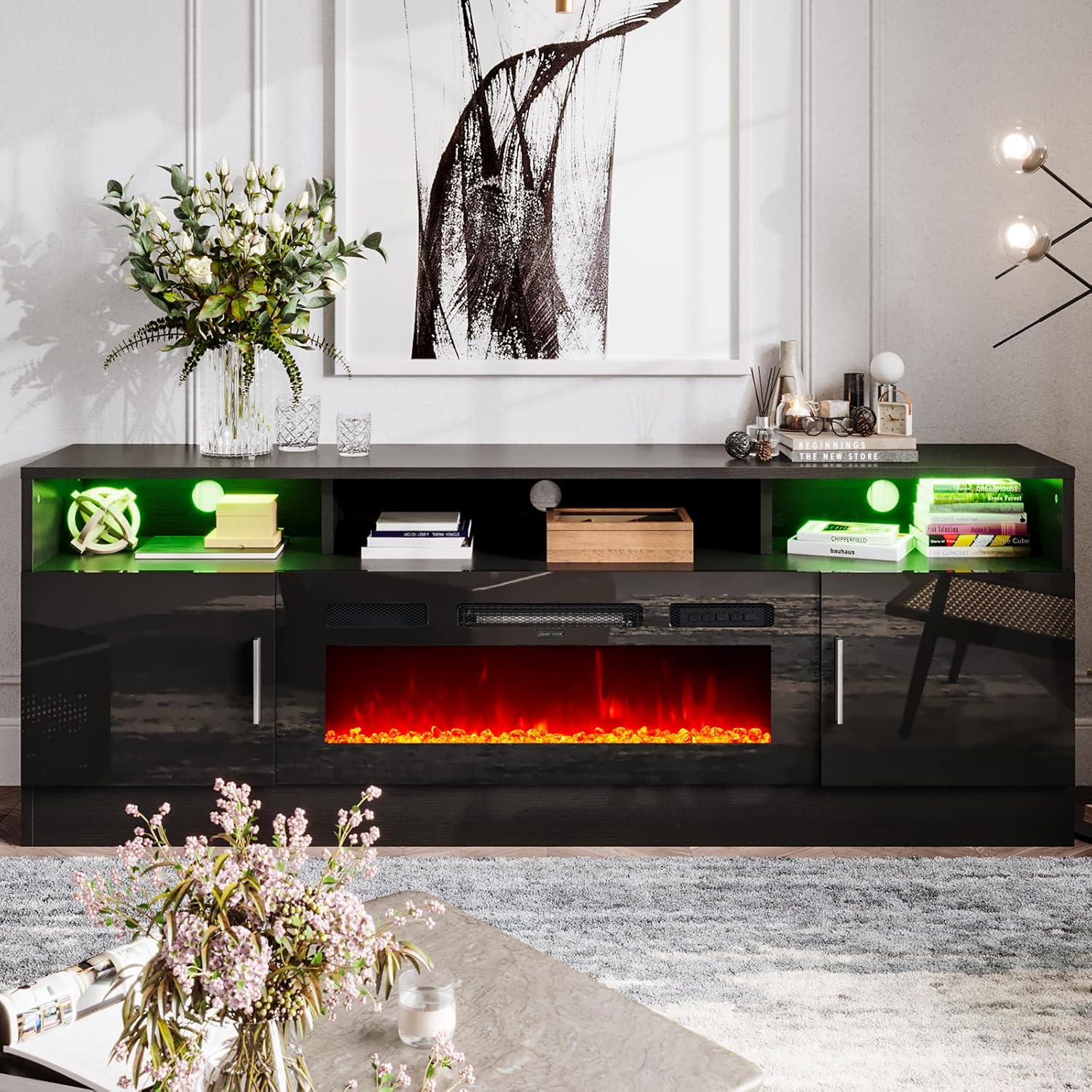 oneinmil Fireplace TV Stand with 36” Electric Fireplace, 70” Fireplace Entertainment Center LED Lights, 2 Tier TV Console for TVs Up to 80", Black