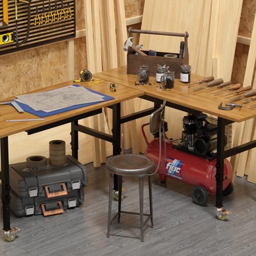 60" Adjustable Workbench, 2000 LBS Load Capacity Heavy Duty Table, Hard Wood Work Bench with Power Outlets, Wheels and Drawer for Garage, Workshop, Home, Office, Easy to Assemble