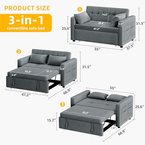 DWVO 55" Convertible Sofa Bed, 3-in-1 Sleeper Sofa with Pull-Out Bed, Velvet Futon Couch with Adjustable Backrest and Side Pocket, Modern Loveseat for Living Room Apartment, Grey, Full Size