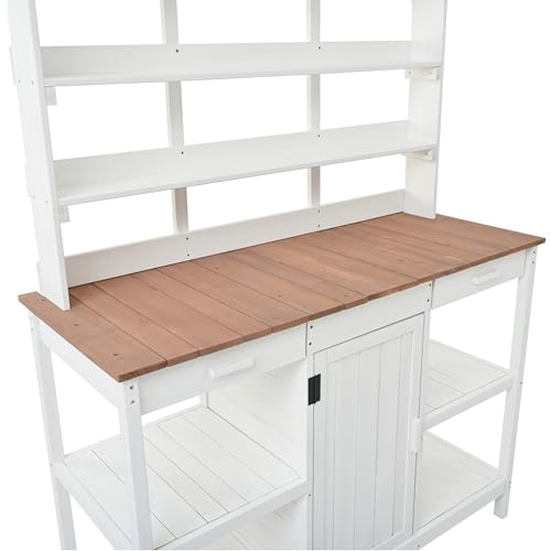Outdoor Wooden Potting Bench Table – Farmhouse Garden Workstation with Drawers, Cabinet & Storage Shelves, Large Fir Wood Work Table for Patio, Backyard, Mudroom, Greenhouse (Light Brown, 66''H)
