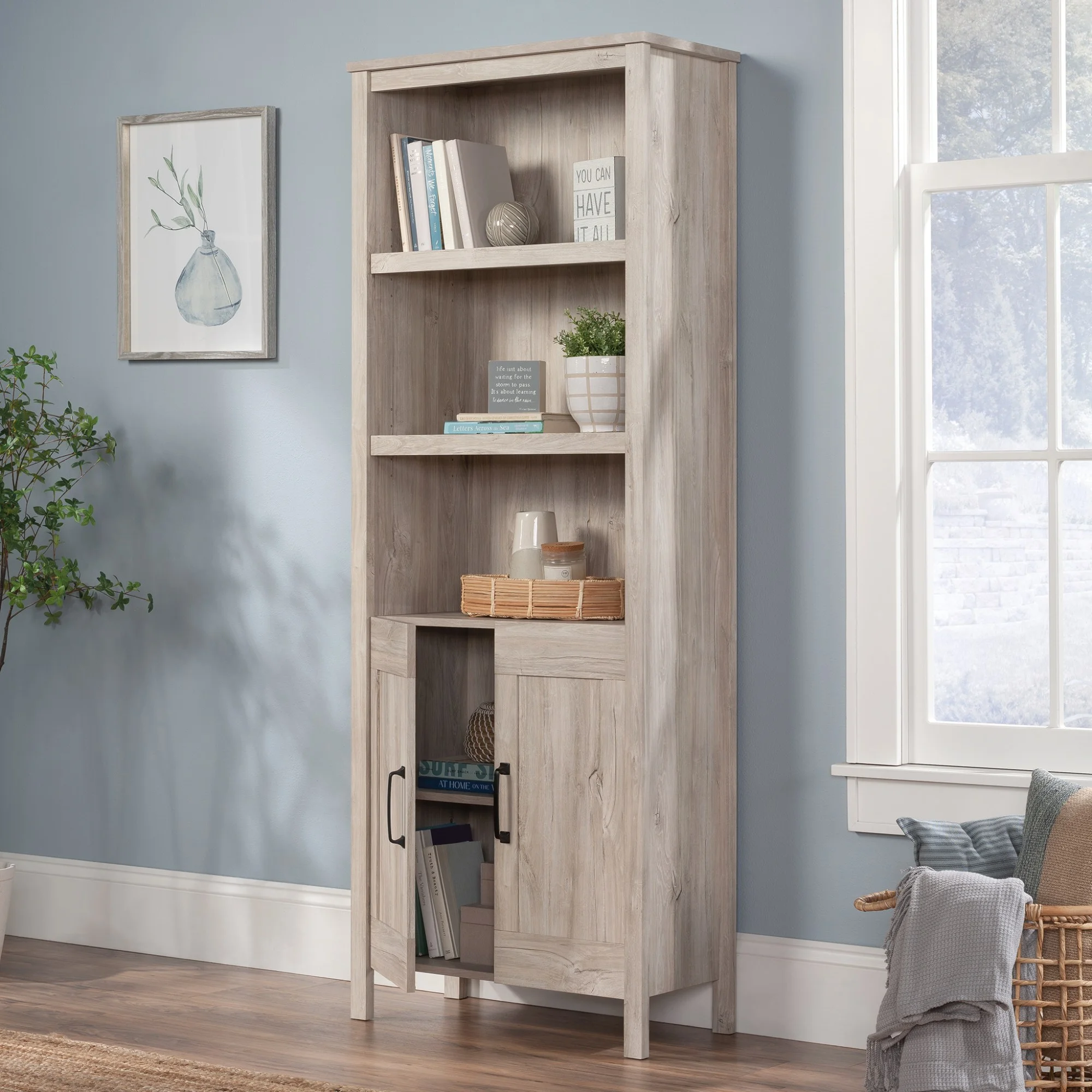 Sauder Select Engineered Wood Bookcase with Doors in Chalk Oak Finish