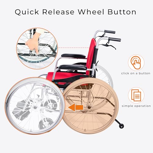 Magnesium Lightweight Wheelchair - 21lbs Self propelled Chair with Travel Bag and Cushion, Portable and Folding 17.5” W Seat, Park & Brake Anti Tipper, Swing Away Footrests, Ultra Light, Red