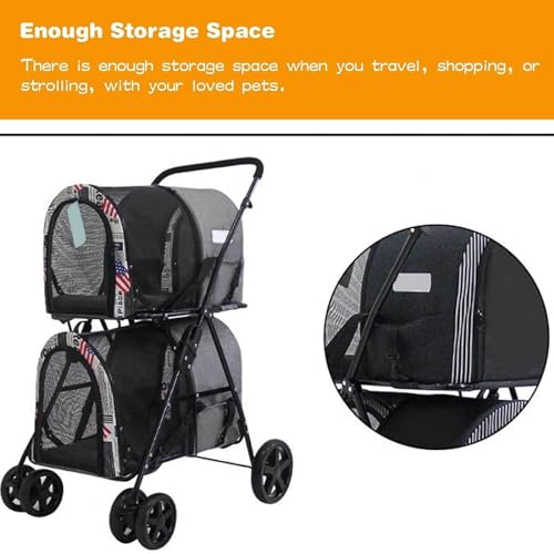 Folding Double Decker Pet Stroller, 4 Wheel Dog Stroller for Large Or 2 Dogs, Dog Stroller with Small Pocket, Pet Can Easily Walk in/Out Up to 22 Lbs,A