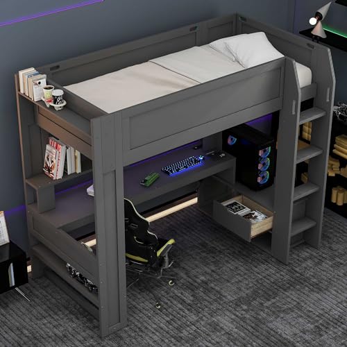 Wood Twin Size Gaming Loft Bed with Desk, Multi-Storage Shelves, LED and Charging Station，Suit High Loft Bed Frame with Bookshelf for Kids Teens Adults, (Dark Gray)