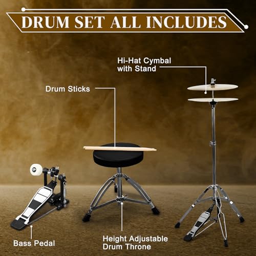 Ktaxon 22 Inch Adult Drum Set, 5-Piece Full-Size Drums Kit with Cymbal Stands, Hi-hat Stand, Sticks, Drum Pedal, Stool & Floor Tom for Beginner Teens Student (Blue)