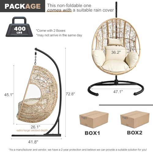 Egg Swing Chair with Stand up to 400lbs, Oversized Outdoor Hanging Egg Chair with Extra Large Round Base, All Weather Wicker, Rain Cover, Waterproof Cushion, UV Resistant