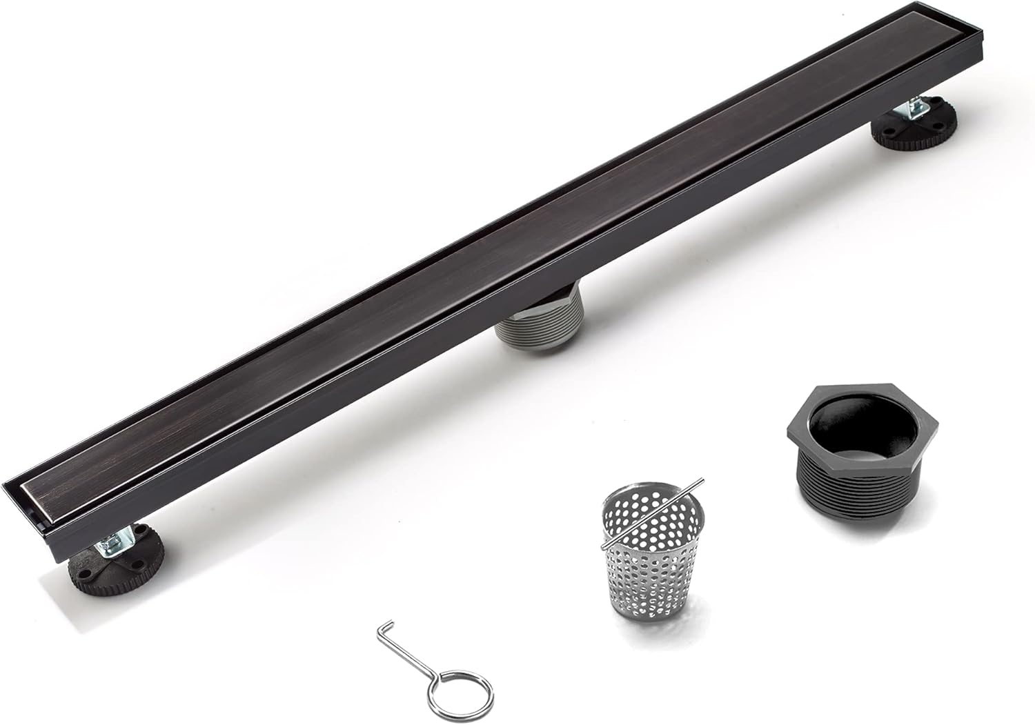 HEATGENE Linear Shower Drain 24-Inch, Stainless Steel Rectangle Shower Floor Drain with 2-in-1 Flat & Tile Insert Cover, Shower Drain with Leveling Feet & Hair Strainer, Matte Black Pack of 2