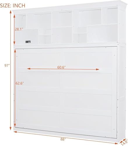 MERITLINE Queen Horizontal Murphy Bed Cabinet with Storage Bookcase Shelves and Charging Station,Wood Folding Grey Murphy Wall Bed for Adult