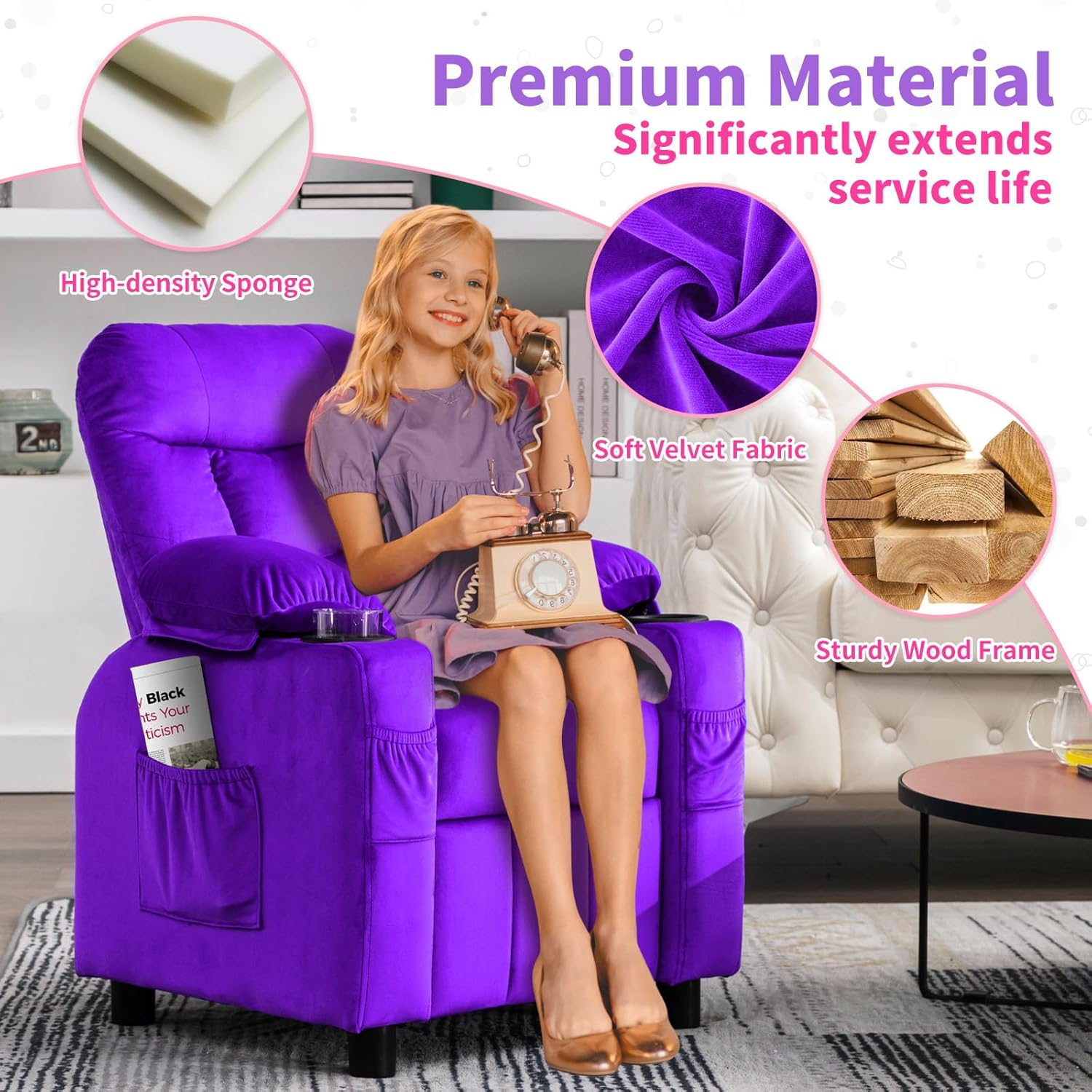 Kids Recliner, Toddlers Kids Recliner Chair with Cup Holder, Ergonomic Adjustable Velvet Lounge Chair with Footrest & Side Pockets, Toddlers Kids Baby Sofa for Boys Girls Bedroom (Purple)