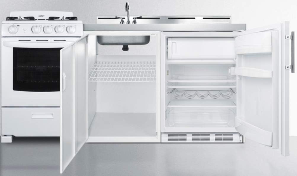 Summit Appliance ACK72GASW 72" Wide All-in-One Kitchenette with 115V 4-Burner Gas Range, Refrigerator-Freezer, Sink, Cutting Board and Cutlery Storage, and a Storage Cabinet