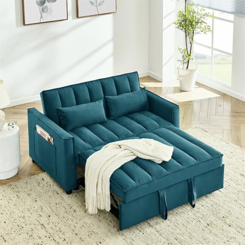 3-in-1 Convertible Sleeper Sofa Bed, Velvet Pull Out Loveseat Futon Sofa Couch with Adjustable Backrest and Pillows, Lounger Armchair Bed with Side Pockets for Living Room Bedroom (Black White)