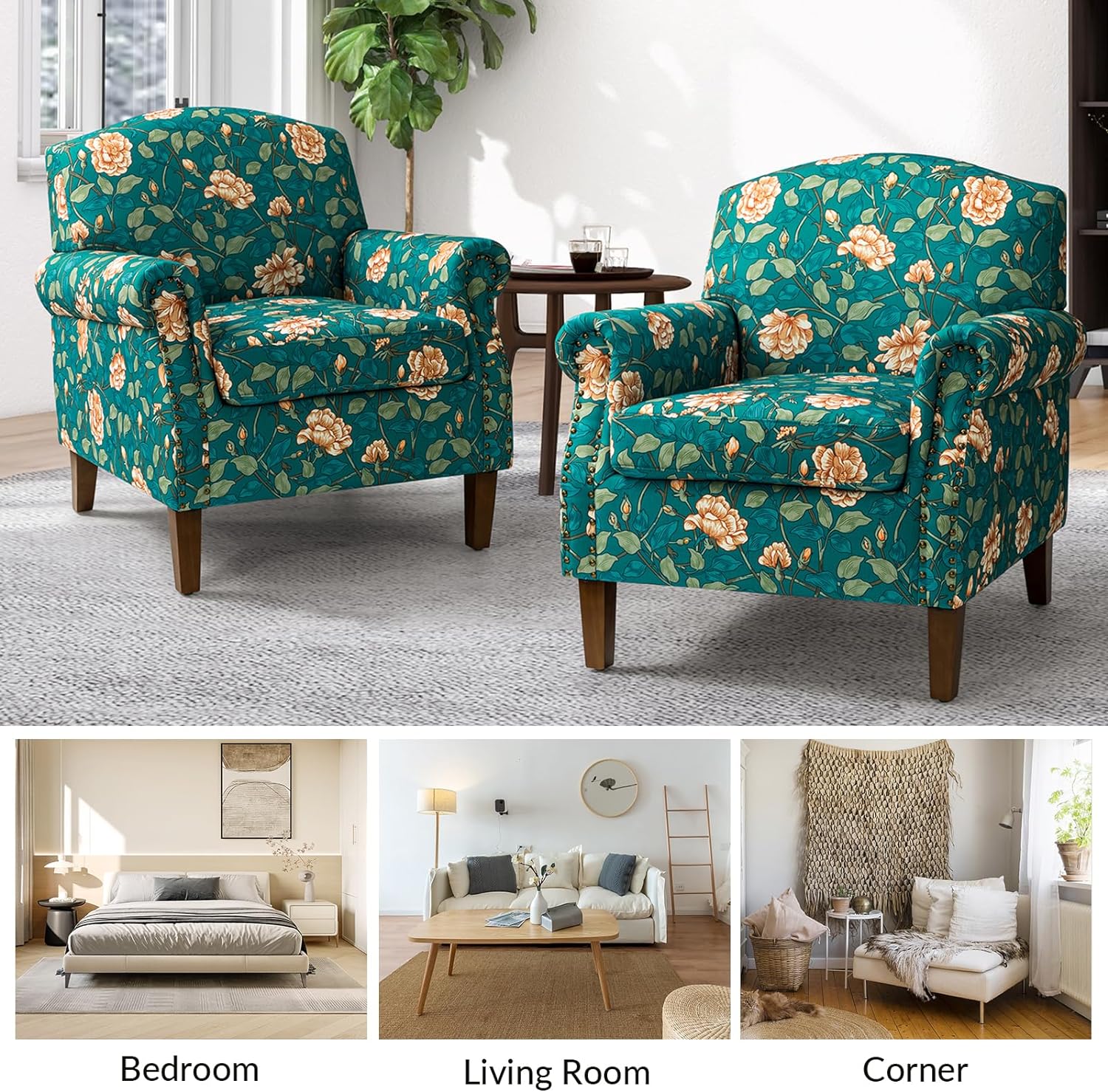 Modern Accent Chair With Wood Legs & Removable Cushion, Comfy Upholstered Armchair Nailhead Trim, Floral Design Single Sofa Cozy Club Chair For Reading Office Living Room Bedroom, Teal