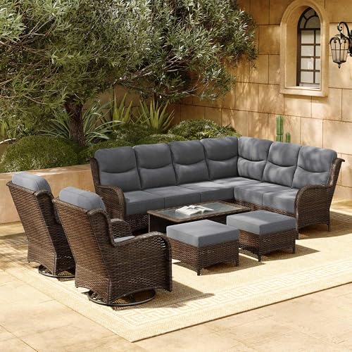 Luxury Patio Furniture Set with 6-inch Thick Cushion, Outdoor Couch and High Back Swivel Rocker Patio Chairs, 7PCS Wicker Conversation Set for Deck, Yard, and Poolside in Blue (V2)
