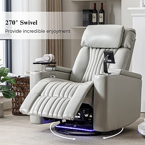 Power Swivel Rocker Recliner Chair, Modern PU Leather Lounge Chair with 360° Swivel Tray Table & Phone Holder & LED Light Strip & USB Charging Port & Cup Holders, Home Theater Single Sofa Chair, Grey