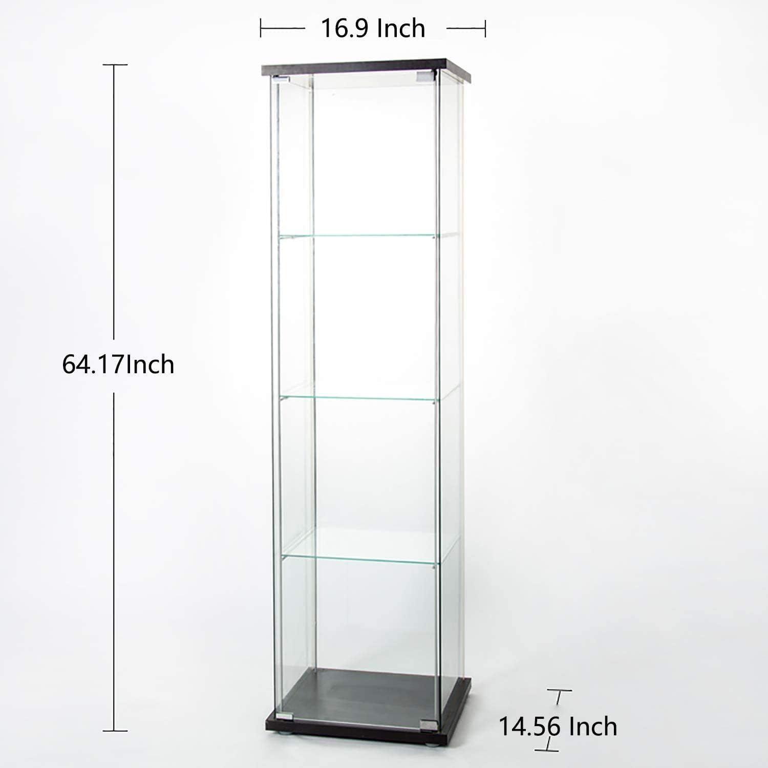 64&rdquo; H Contemporary 4-Shelf Glass Display Cabinet in Clear with Door, Curio Cabinet Collection Display Case, Floor Standing Bookshelf Corner Cabinet for Living Room Bedroom Home Office (Black)