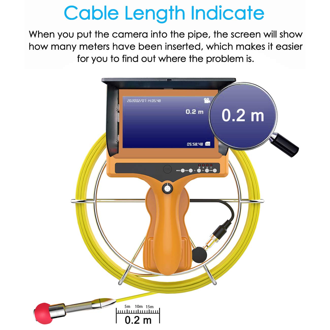 Sewer Camera with Distance Counter, Pipe Inspection Camera Video System IP68 Waterproof Plumbing Snake Drain Sewer Cam Drain Duct Pipe Camera 7TFT Monitor 20M/65ft