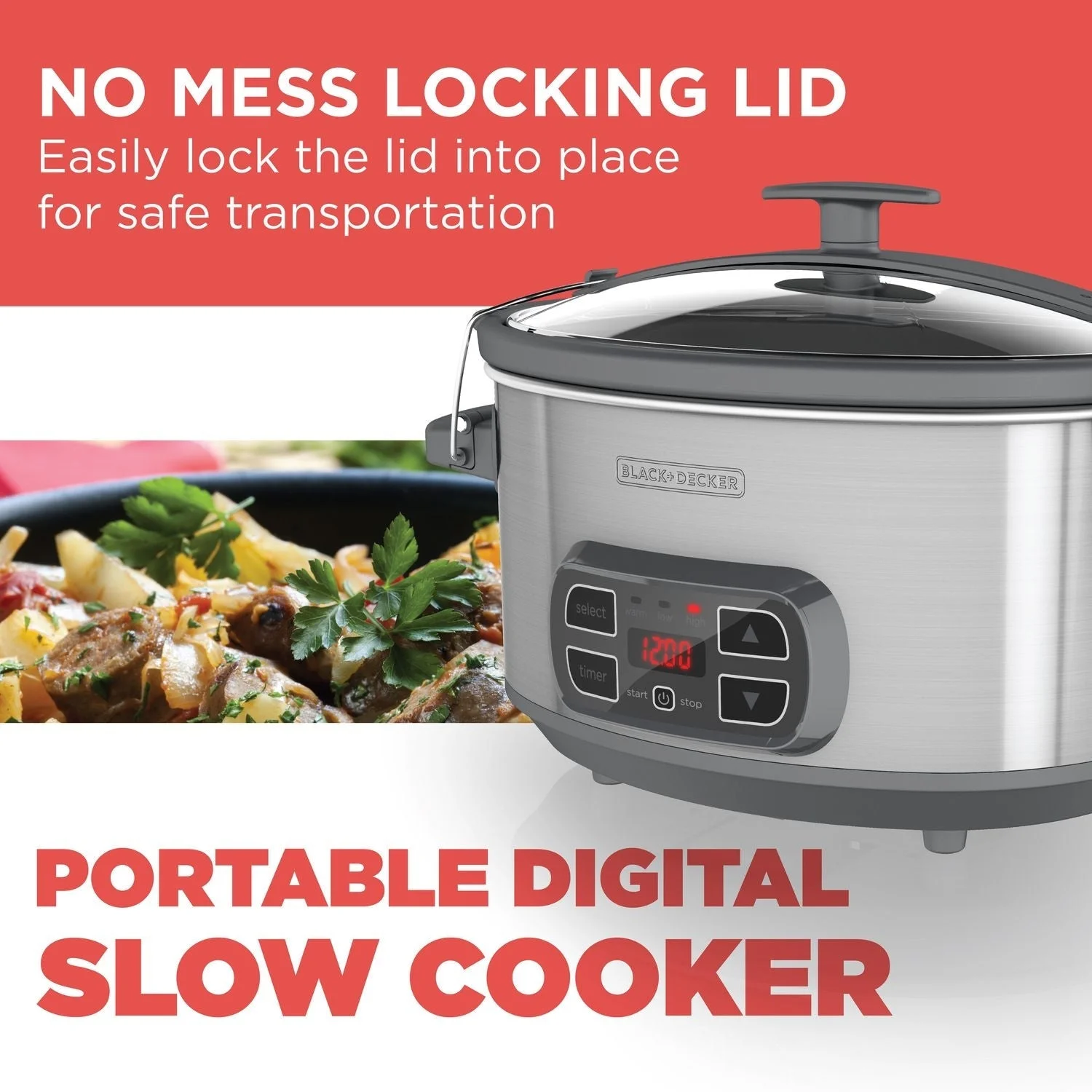 Black + Decker - Digital Slow Cooker with 7 Quart Capacity, Three Heat Settings, Stainless Steel