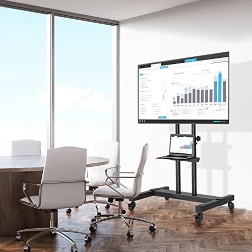 Mobile TV Stand Rolling TV Cart Floor Stand with Mount on Lockable Wheels Height Adjustable Shelf for 32-83 Inch TV Stand Flat Screen or Curved TVs Monitors Display Trolley Loading 110 lbs, White