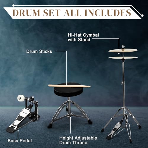 Ktaxon 22 Inch Adult Drum Set, 5-Piece Full-Size Drums Kit with Cymbal Stands, Hi-hat Stand, Sticks, Drum Pedal, Stool & Floor Tom for Beginner Teens Student (Blue)
