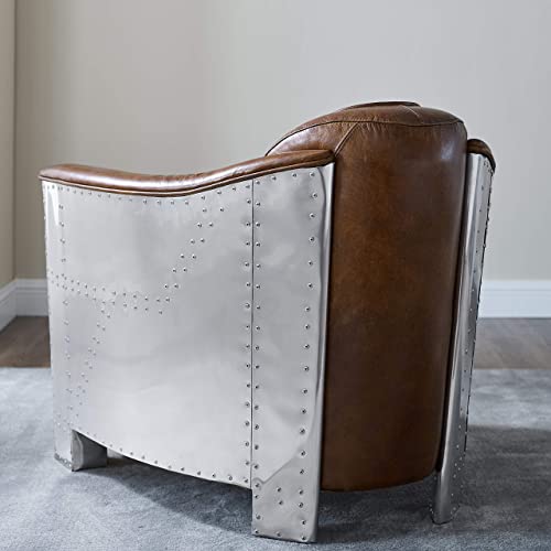 Volans Mid Century Modern Genuine Leather Accent Arm Chair with Vintage Aluminum Patchwork, Lightbrown