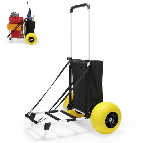 Beach Fishing Cart, 13” Big Balloon Wheels w/Flat-Free Solid PU Tires for Sands, 165LBS Loading Folding Sand Cart & 33.1" to 51.6" Adjustable Height, Beach Buggy Cart w/Storage Bag, No Rust
